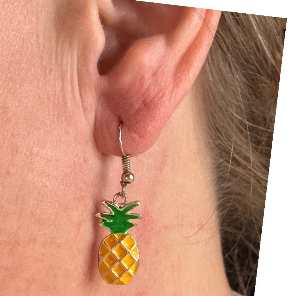 Yellow Pineapple Enamel Drop Earrings Silver Tone Tropical Fruit Dangle Hook